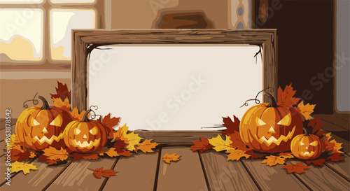 A rustic wooden frame showcases pumpkins and autumn leaves