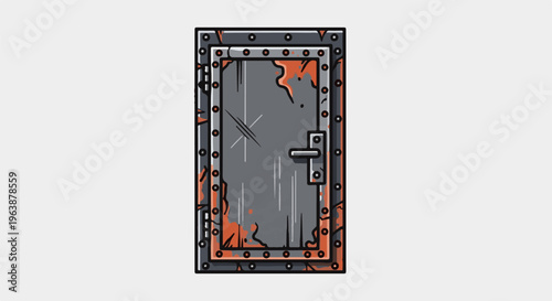 A rusty, metal door with a scratched surface and chipped paint