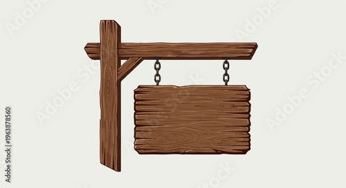 A rustic wooden sign hangs by chains from a weathered post