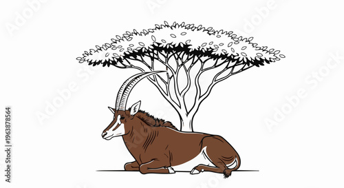 A Sable antelope rests under a sparse acacia tree in a minimalist illustration