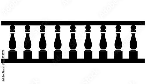 Minimalist vector silhouette of a classical stone balustrade with ornate balusters. This high-contrast black design represents architectural elegance and traditional railing systems.