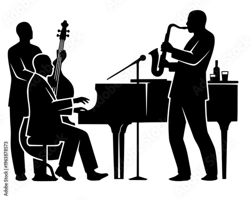 Minimalist vector silhouette of a jazz trio featuring a pianist, double bass player, and saxophonist. This high-contrast black design represents a live musical performance in a lounge.