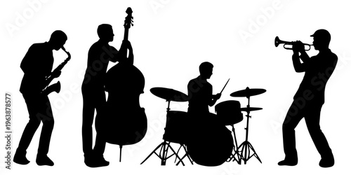 Minimalist vector silhouette of a jazz quartet performing. This high-contrast black illustration features a saxophonist, double bass player, drummer, and trumpeter in a dynamic musical scene.
