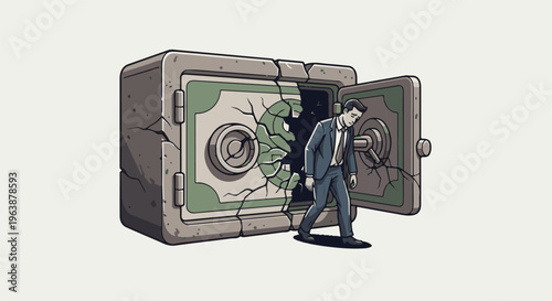 A sad businessman walks away from a broken open safe