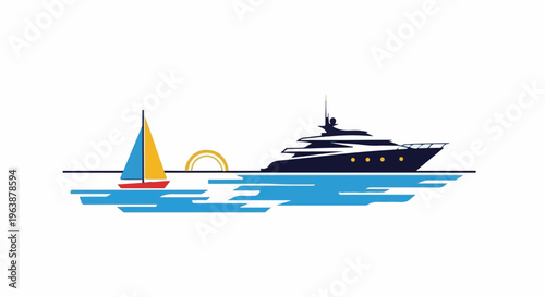 A sailboat and a yacht glide across blue water near a golden arch