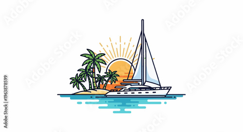 A sailboat glides past a tropical island with palm trees during sunset