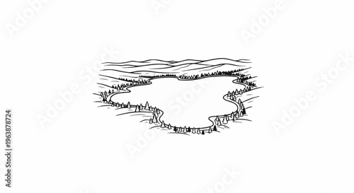 A serene natural scene depicts a lake surrounded by rolling hills and evergreen trees