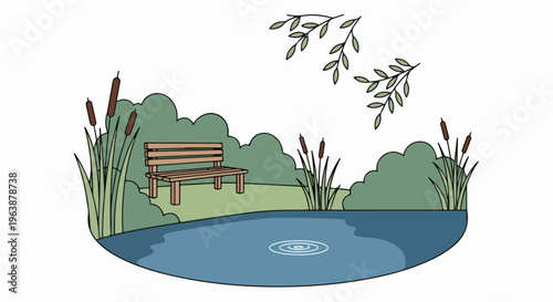 A serene pond with cattails, a wooden bench, and foliage under branches