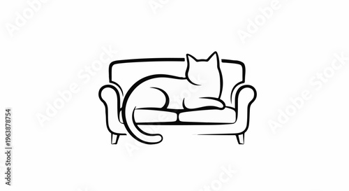A minimalist black and white line drawing of a cat lounging on a sofa