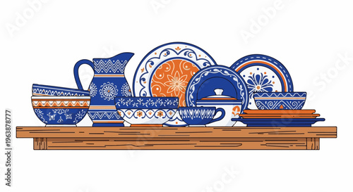 A shelf holds an assortment of blue and orange patterned ceramics