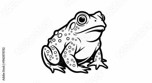 Black and white outline drawing of a stylized toad with bumpy skin