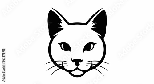 A simple black and white graphic illustration of a cat's face