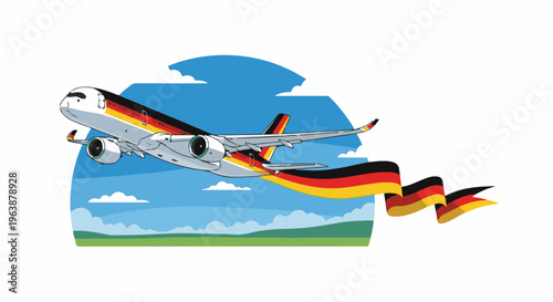 A modern airplane with a German flag ribbon flies over a green landscape