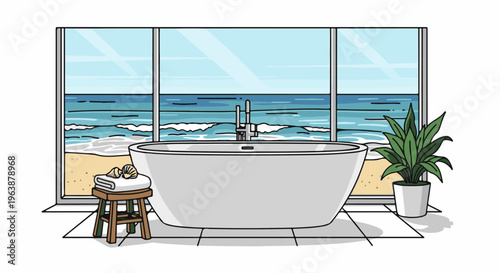 A modern bathroom features a freestanding tub facing a large window with ocean views