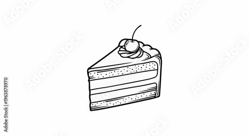 A simple black and white line drawing of a layered cake slice topped with a cherry