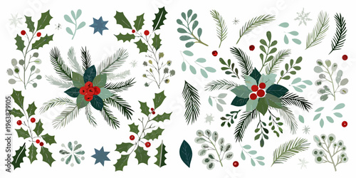 Festive botanical illustration of winter foliage and holiday berries