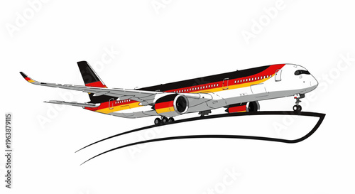 A modern jetliner adorned with national colors takes flight