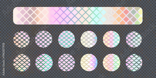 Iridescent diamond and oval nail art designs on a dark background