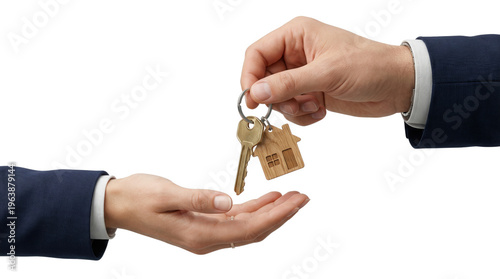 Real estate agent's hand giving house keys to a new homeowner. Isolated on transparent background, png