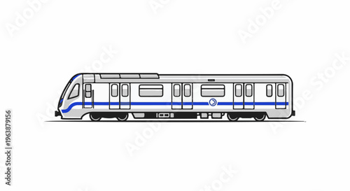 A modern, sleek, white train with blue stripes and dark wheels, isolated on white