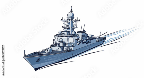 A modern warship cuts through the waves with dynamic motion lines