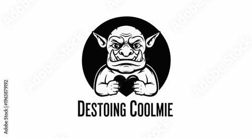 A monochromatic illustration of an ogre holding a heart with text below