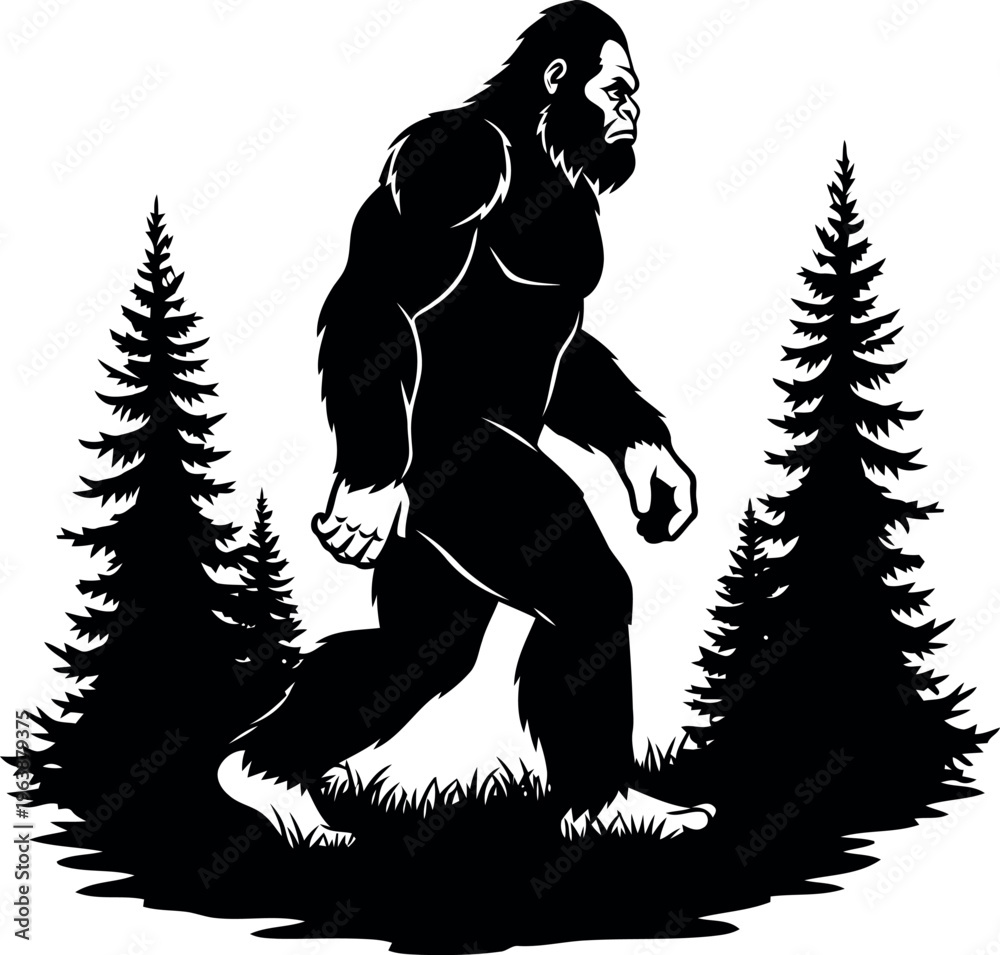 Fototapeta premium Mysterious giant creature walking through dense forest illustration