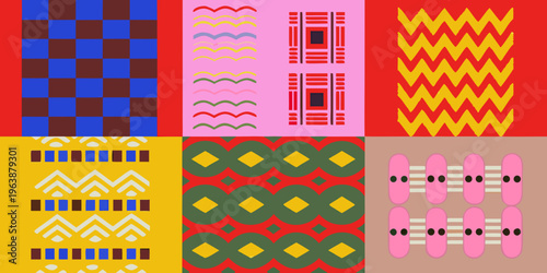 Colorful geometric patterns arranged in a grid of nine squares