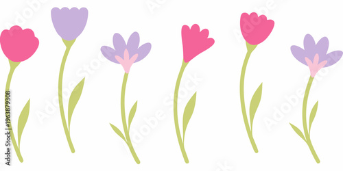 A collection of brightly colored stylized tulip and crocus flowers