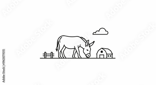 A simple line drawing of a donkey grazing next to a barn and fence