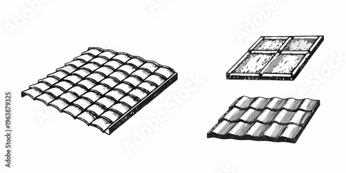 Sketch of traditional clay roof tiles in various arrangements