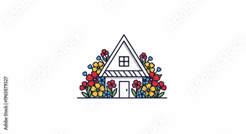 A simple line drawing of a house with flowers