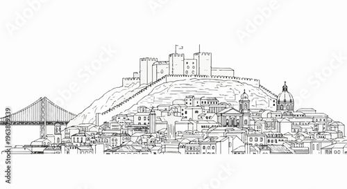 A monochrome sketch shows a hilly city with a large castle overlooking it and a bridge