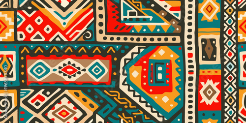 Colorful geometric pattern featuring traditional tribal and aztec inspired designs