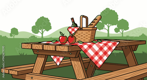 A picnic basket with apples, wine, and bread sits on a checkered tablecloth