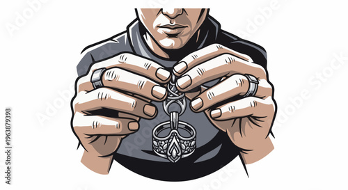 A person's hands are holding an ornate, detailed pendant with rings