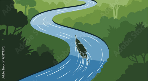 A narrow boat glides on a winding river through lush green foliage