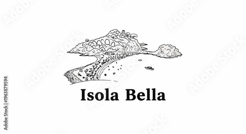 Black and white sketch of a picturesque island with a village and a boat