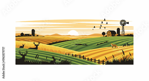 A pastoral farm landscape at sunset with animals and crops