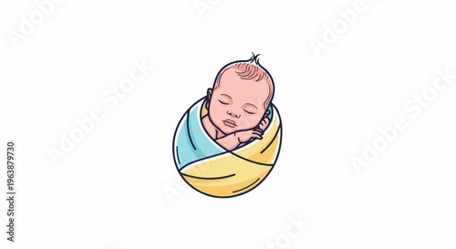 A peaceful baby peacefully sleeps, swaddled in yellow and blue cloth