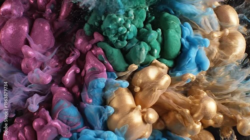 Colorful ink bursts expanding underwater against black background