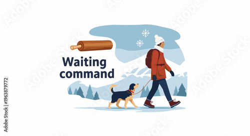 A person and dog walk through a snowy mountain landscape with text