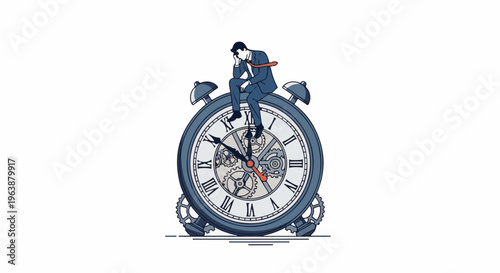 Businessman sits on giant clock face, stressed by gears and time