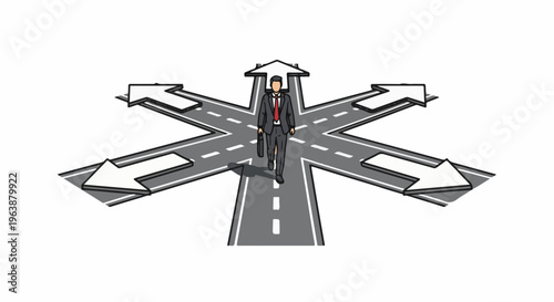 Businessman stands at a crossroads with many directional arrows pointing