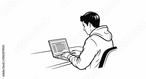 A person in a hooded jacket sits at a desk and types on a laptop