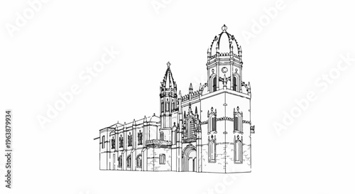 Black and white sketch of an ornate, large building with spires and domes