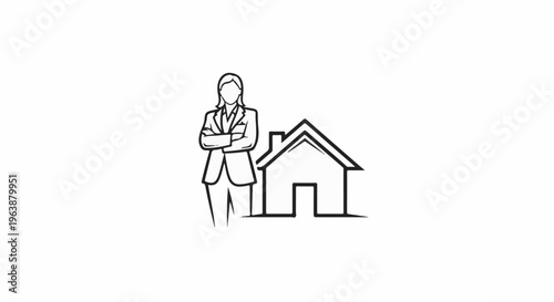 A person in a suit stands next to a house icon
