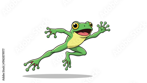 Bright green cartoon frog with large yellow eyes in a dynamic jumping pose isolated on a white background for fun and nature themes.