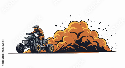 A person rides a quad bike kicking up a large plume of orange dust and debris