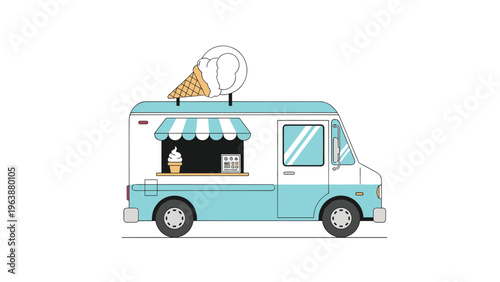 Light blue and white ice cream truck with a large waffle cone on top and a menu displayed on the side, isolated on white.
